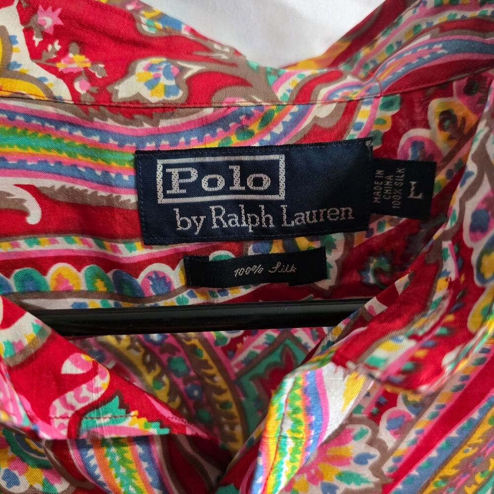 Polo Ralph Lauren Mens Silk Paisley Button Down Shirt Red Multicolor Large - Picture 4 of 4